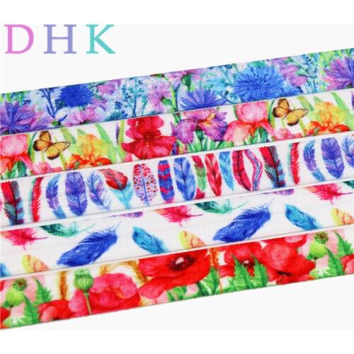 DHK 5/8'' 5yards feather flowers printed Fold Elastic FOE headband headwear hairband DIY decoration OEM C547