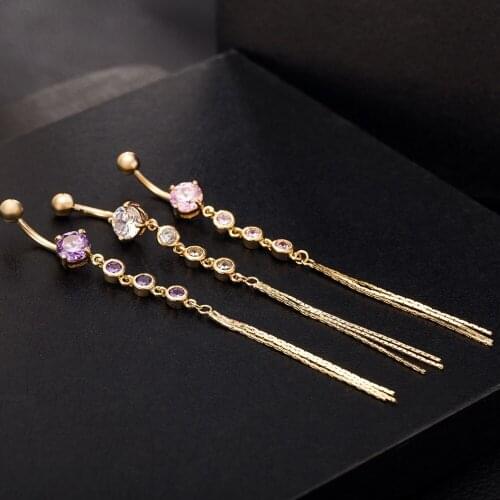 Long Style Tassel Round Zircon Belly Button RingS Body Piercing Navel Belly Elegant Women Copper Crystal Button Jewelry DIY