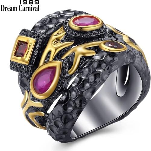 DreamCarnival 1989 Women Big Gothic Ring Unique Vintage Jewelry Hiphop Fashion Black Gold Color Synthetic Cubic Zirconia ZR14125