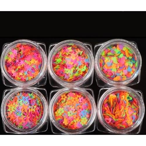 6pcs Fluorescence Butterfly Sequins Nail Art Heart Star Flower Shapes Noen Mixed Color Glitter Flakes 3D Decorations Manicure