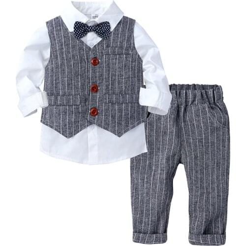 Toddler Boys Clothing Set Kids Autumn Baby Clothes Sets for Boys Gentleman Lattice Bow Tie 3 pcs Outfit Children Clothes Suit