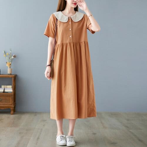 Lovely Peter pan Collar Japan Style Sweet Girls Chic Summer Dress Cotton Linen Patchwork Fashion Women Loose Casual Midi Dress