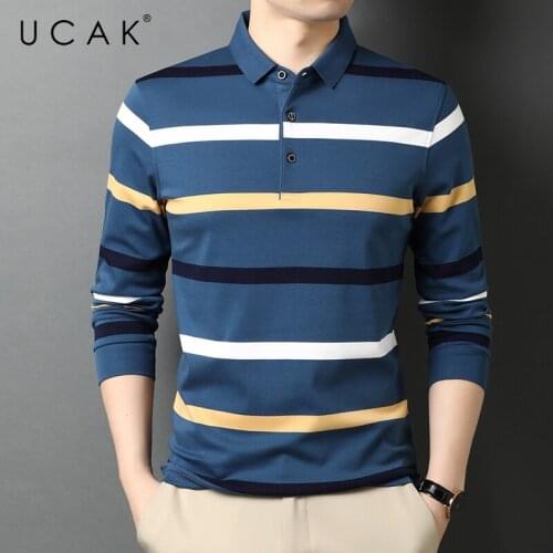 UCAK Brand Classic Casual Pure Cotton Turn-down Collar Striped T Shirt Men Clothes Autumn Streetwear Long Sleeve T-Shirts U5710