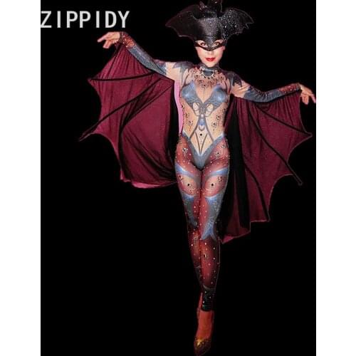 New design Bat Rhinestones Printed Stretch Jumpsuit Evening Prom Party Bodysuit Women Singer Dancer Nightclub Show Outfit