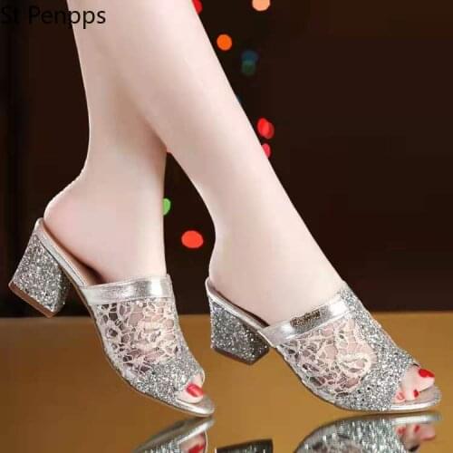 Woman Summer Sandals Gold Open Toe Sandal Lace Dress Shoes Womens High Heels Sandals Square Heeled Pumps Ladies Shoes