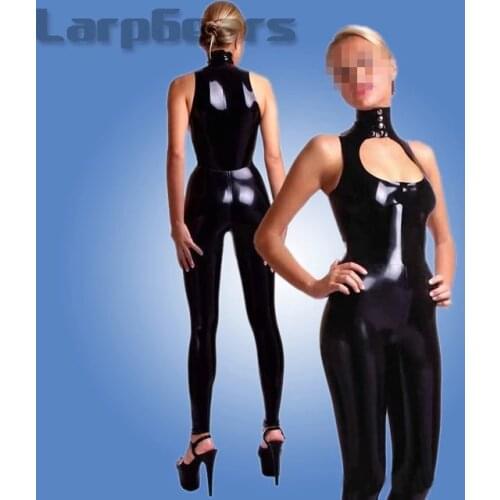Sexy Women Sleeveless Black Latex Bodysuit Rubber Tank Jumpsuit High Collar Sexy Female Costumesr