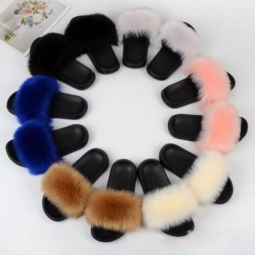 Summer Women Fox Fur Slippers Soft Fur Slides Female Indoor Flip Flops Casual Raccon Fur Sandals Furry Fluffy Plush Shoes Woman