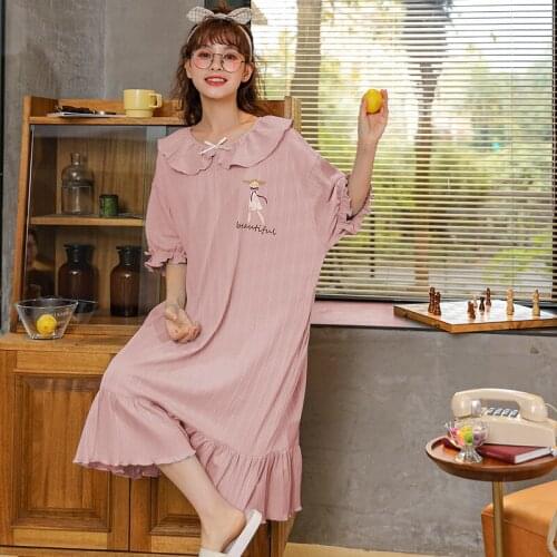 High Quality Summer Cotton Half Sleeves Ruffles Nightgown for Women Fashion Casual Long Dress Ladies Home Service Nightdress