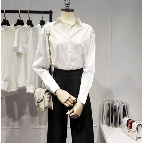 Womens Spring Autumn Runway Fashion Long Sleeve White Basic Shirt Female High Waist Casual OL Blouse Tees Tops TB1641