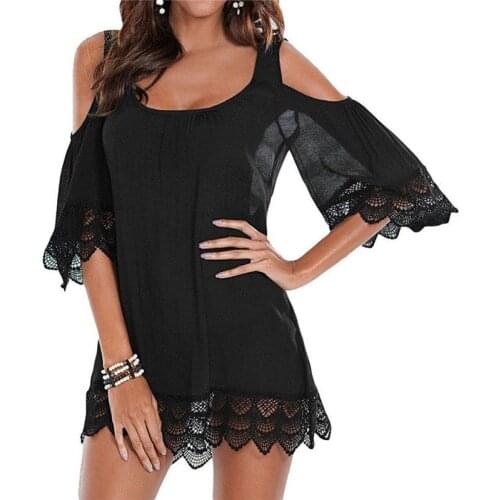 2019 Summer Women Lace Crochet Beach Cover-ups Bathing Suit Solid Bikini Cover Up Beach Ladies Solid Shoulderless Mini Sundress