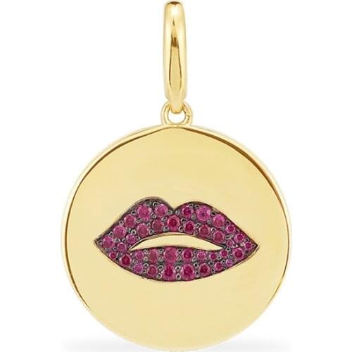 SLJELY Fashion Real 925 Sterling Silver Red Lips Medal Clipping Charm Pendant Pave Cubic Zirconia Stone Women Brand Jewelry