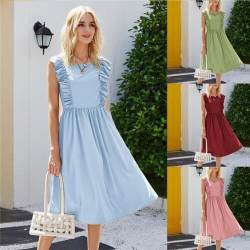 Office Ladies Party Dress Women Solid O-Neck Sleeveless Summer Dress Fashion Retro Ruffles Plus Size Loose Casual Beach Vestidos