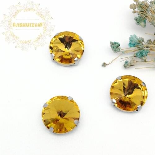 Golden yellow ROUND Glass Crystal sew on rhinestones with silvery claw Diy wedding dress accessories Free shipping
