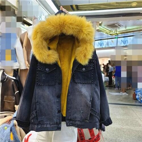 2020 New Winter Warm Fur Coat Fashion Real Fur Collar Detachable Fleece Thickened Hooded BF Student Denim Cotton-Padded Coat