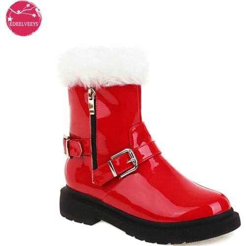 2021 Fashion Red Patent Leather Faux Fur Wool Women Ankle Winter Lolita Boots Casual Warm Shoes Sweet Princess Cosplay Party