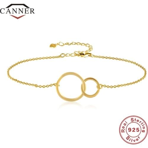 CANNER INS Style Real 925 Sterling Silver 18k Gold Plated Bracelets Double Circle Bracelet for Women Silver 925 Jewelry Pulseras