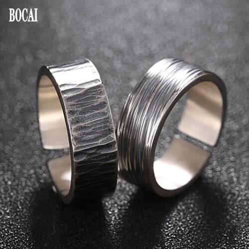 BOCAI new 100% real S925 sterling silver mens ring retro Thai silver simple opening personality male and female couple ring