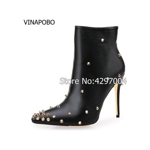 Vinapobo Brand New Designer Shoes Black nude Leather Booties Pointed Toe High Heels Rivet Studded Shoes Spiked Ankle Boots Women