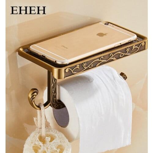 EHEH Toilet Paper Holder Bathroom Antique Brass Roll paper Holder with Phone Shelf Retro Tissue Metal Paper Holder