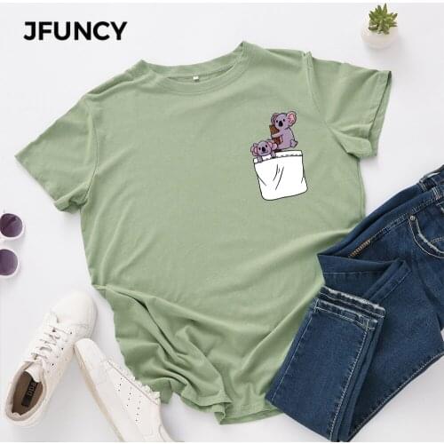 JFUNCY Plus Size S-5XL Women T-shirts Female Short Sleeve Tee Tops Pocket Print Woman Casual Tshirt 2020 Summer Cotton T Shirt