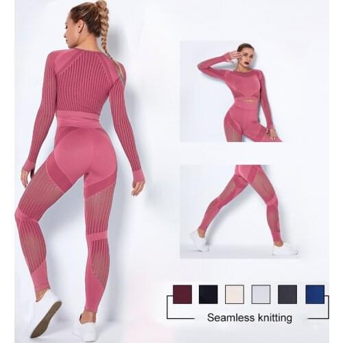 2 Piece Set Women Seamless Slim-Fitting Yoga Wear Sports Quick-Drying Clothes Hip Tight-Fitting Striped Hollow Fitness Pants