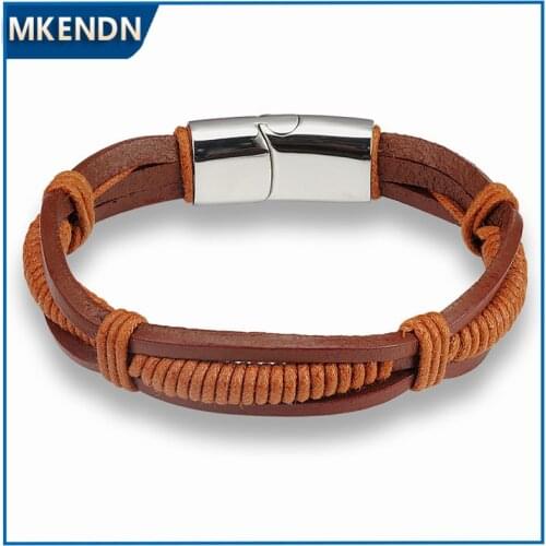 MKENDN Handmade Men Bracelets Genuine Coe Leather Braided Rope Vintage Bracelet Steel Magnetic Buckle Bangles Pulseras