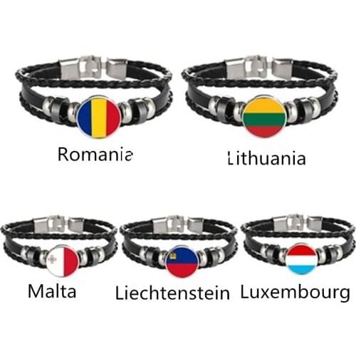 Lithuania, Liechtenstein, Luxembourg, Romania, Malta Flag Multilayer Leather Bracelet Fashion Bracelet Men and Women Jewelry