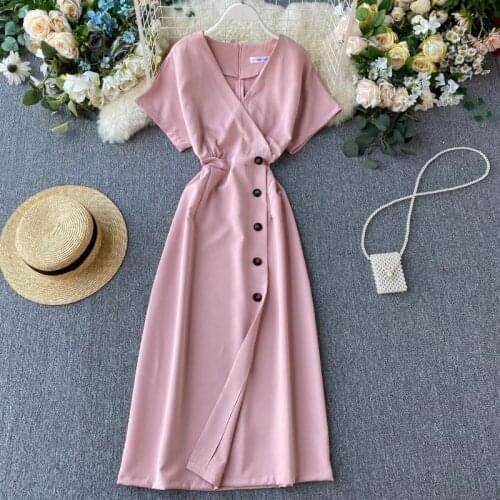 Teeuiear fashion Slim V Neck Button Summer office Dress Midi Long Party dress high street Women dress Casual OL Elegant dresses