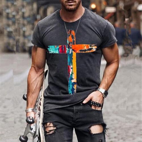 Mens Oversized Vintage Short Sleeve T Shirts 2021 Summer New Fashion Harajuku Colorful Cross Printed O Collared Tshirts For Men
