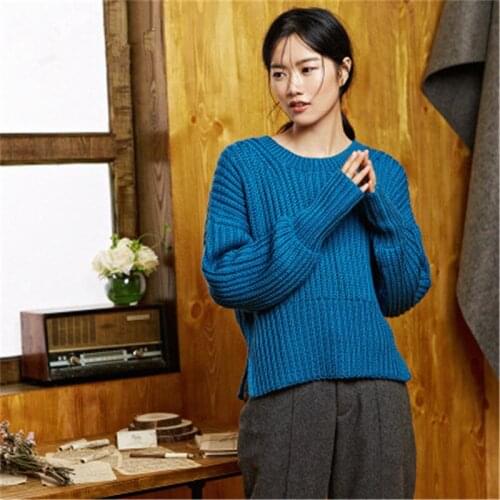 New arrival 100% hand made pure wool Oneck knit women solid loose H-straight open hem short pullover sweater one&over size