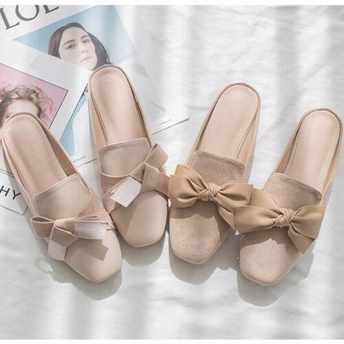 New Solid Color Baotou Womens Slippers Korean Fashion Bow Slippers Flat With Suede All-match Womens Half Drag
