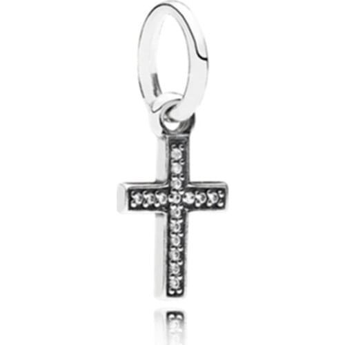 Clear CZ Cross Pendant Fit Original Pandora Charms Bracelet Crucifix Bead DIY Jewelry for Women Necklace Christian Amulet Dangle