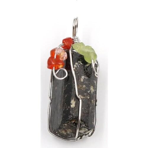 Silver Plated Wire Wrap Irregular Shape Black Tourmaline Stone Pendant Charm Jewelry