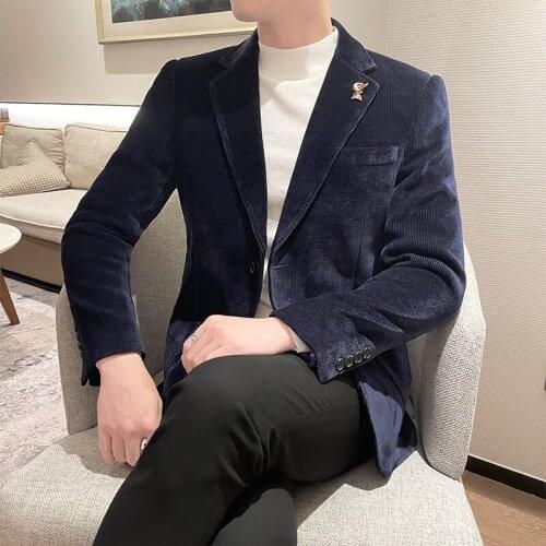 2021 Autumn Winter Luxury Corduroy Men Blazers Wedding Business Casual Suit Jacket Social Streetwear Slim Dress Coat Veste Homme