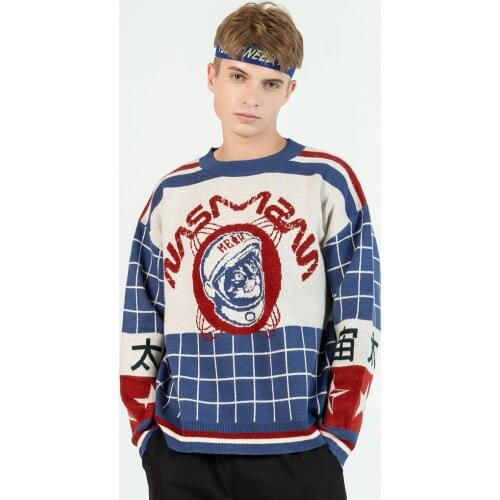 ATSUNSET Baseball Uniform Space Cat Grid Numbers Embroidery Sweater Harajuku Retro Style Knitted Sweater Cotton Pullover Tops