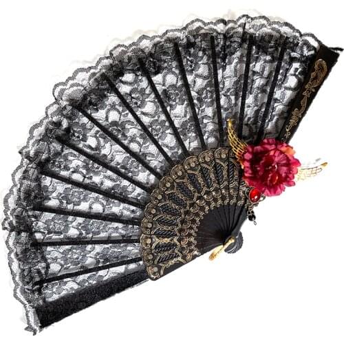 Dark harajuku Lolita Flower angel wings Lace Folding Handheld Hand-Crafted Fan Retro Gothic Cosplay Party Show Prop Hand Fans