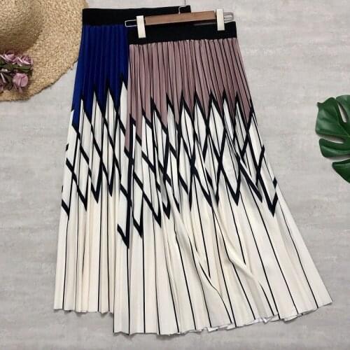 Cotton Skirts Women Gradient Rhombus Print Pleated Skirt High Waist Splicing Brand Elastic Midi Bohemian A-line Skirt For Ladies