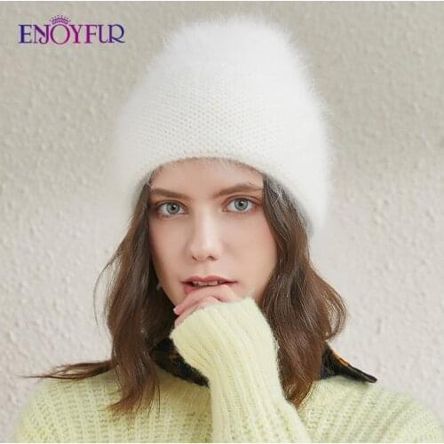 ENJOYFUR natural angola rabbit fur winter hats for women fashion cuffed female knit bonnet warm cassual brand young style beanie