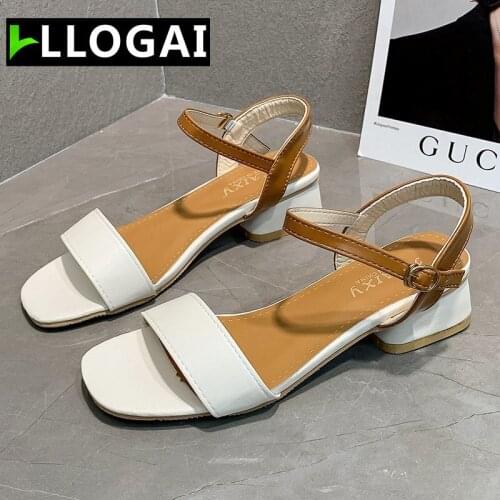 Summer Womens Sandals Fashion Comfortable White Sandals Lady Cute Buckle Strap High Heel Sandals Square Heel Sandalias De Mujer
