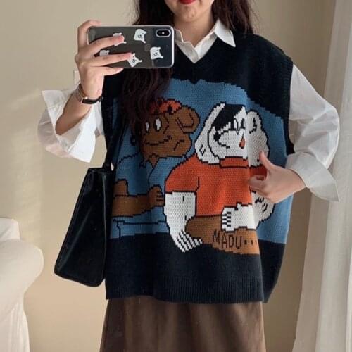 Autumn Winter Cartoon Pattern Sweater Vest Women 2021 Streetwear V Neck Knitted Vest Sleeveless Jecket Chaleco Mujer