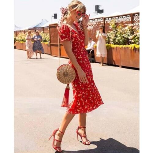 Long Dress Red Ladies Puff Sleeve Floral Wrap V Neck Summer Korean Fashion Print Slit One-piece Clothes For Women 2021 Elegant