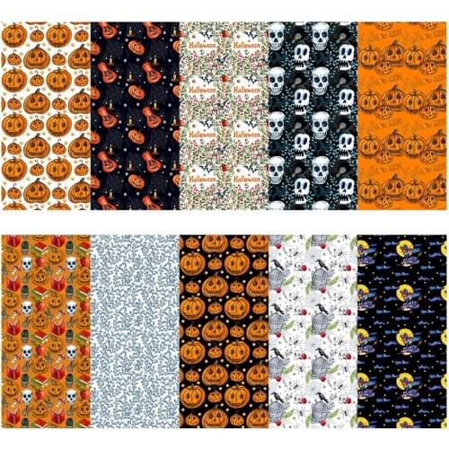 10pcs Halloween Patchwork Cotton Fabric Pumpkin Ghost Cotton Tissue Sewing Quilt Fabrics Needlework Material DIY Handmade