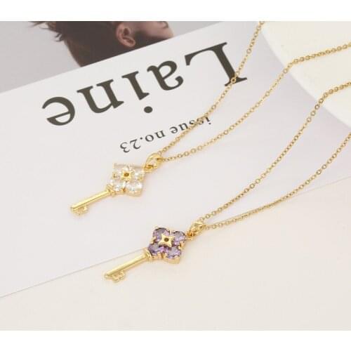 Fashion Design Key Zircon Pendant Necklaces For Women Girls Geometric Copper Charms Stainless Steel Chain Choker Jewelry