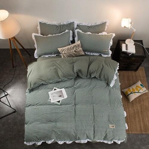 DeMissir Korea Princess Ruffles Edges 4Pcs Bedding Set Khaki Plaids Washed Cotton Duvet Cover Flat Sheet Pillow Cases Queen Size