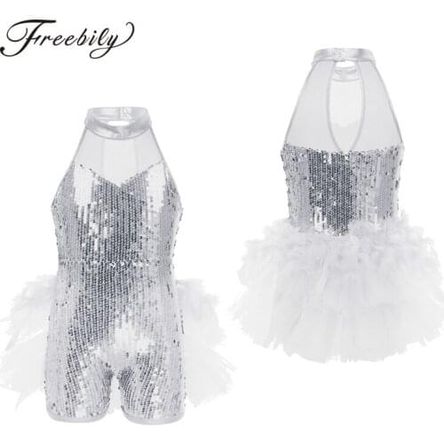 Kids Girls Sequins Ballet Leotard Sleeveless Mock Neck Ballet Tutu Dress Children Stage Performance Jazz Latin Dance Costume