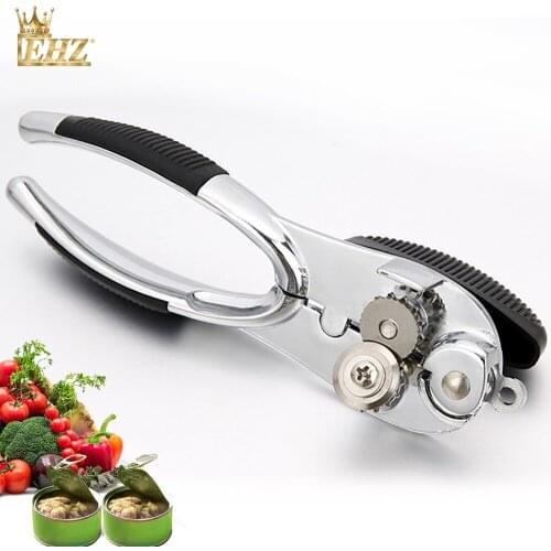 EHZ Can Opener Handheld Black Soft Grip Handle Safety Stainless Steel Sharp Blade Easy Turn Knob Household Kitchen Useful Tools