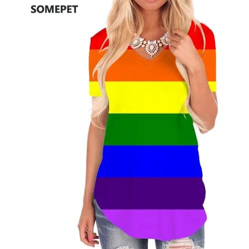 SOMEPET Rainbow T Shirt Women Colorful Tshirts Printed Art Funny T shirts Harajuku V-neck Tshirt Womens Clothing Summer Loose
