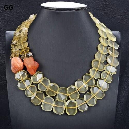 GG Jewelry 19" 2 Strands Natural Nugget Faceted Lemon Quartz Yellow Citrine Topaz Crystal Red Agate Necklace