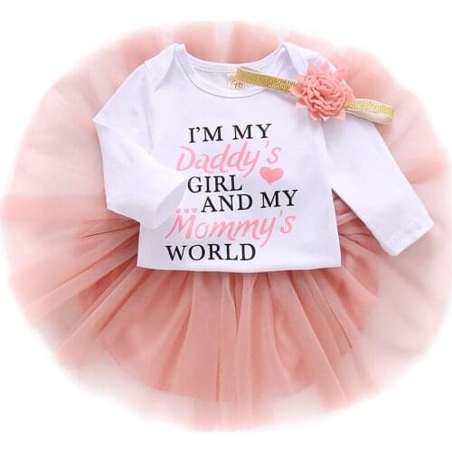 FOCUSNORM 3Pcs Newborn Baby Girls Clothes Sets Letter Long Sleeve Romper + Mesh Lace Tutu Skirt + Flower Headband