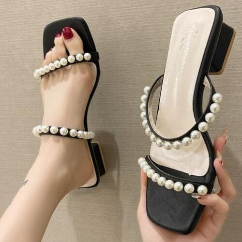 Fashion Women Sandals Mid High Heels 1.77 Inches Beautiful Pearls Leisure Slippers（Size 35-43